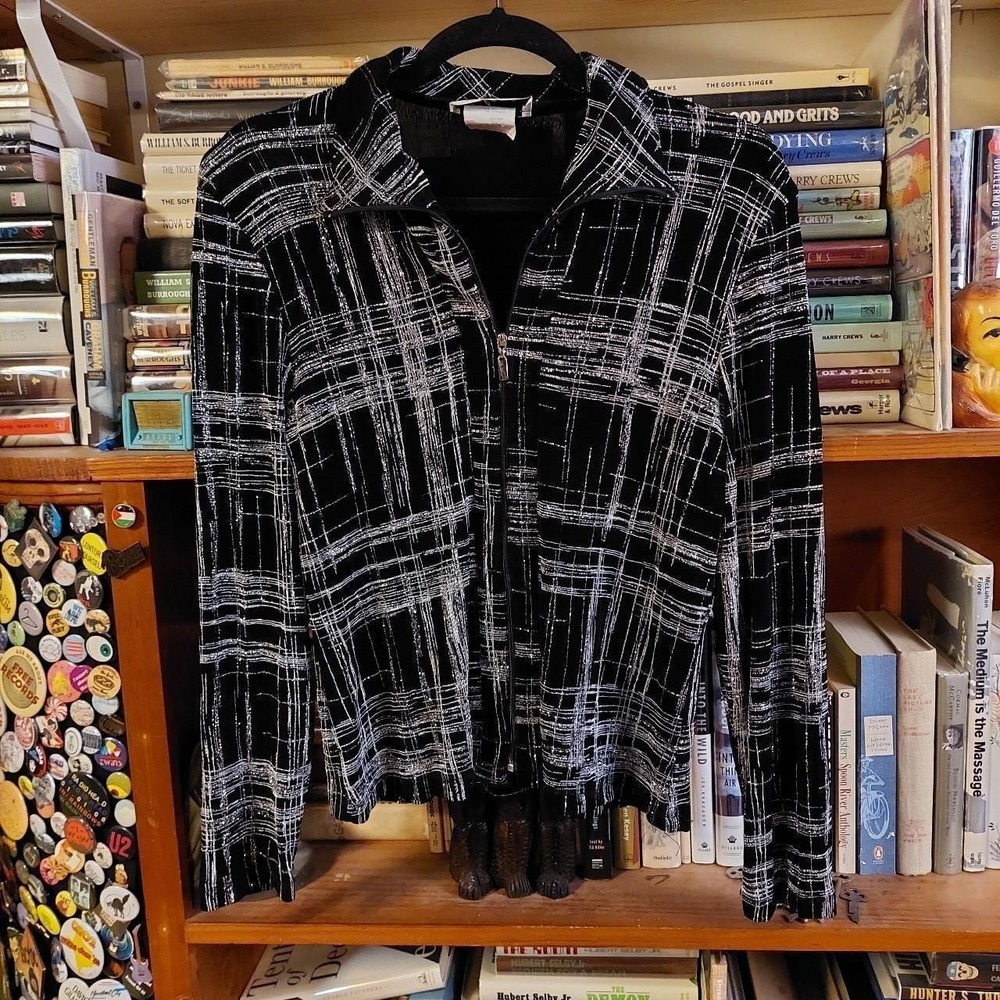 Vintage made in Canada black and silver zip up. It is slightly sheer and stretch